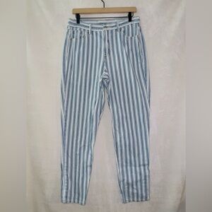 American Eagle Blue and White Striped High Mom Jeans